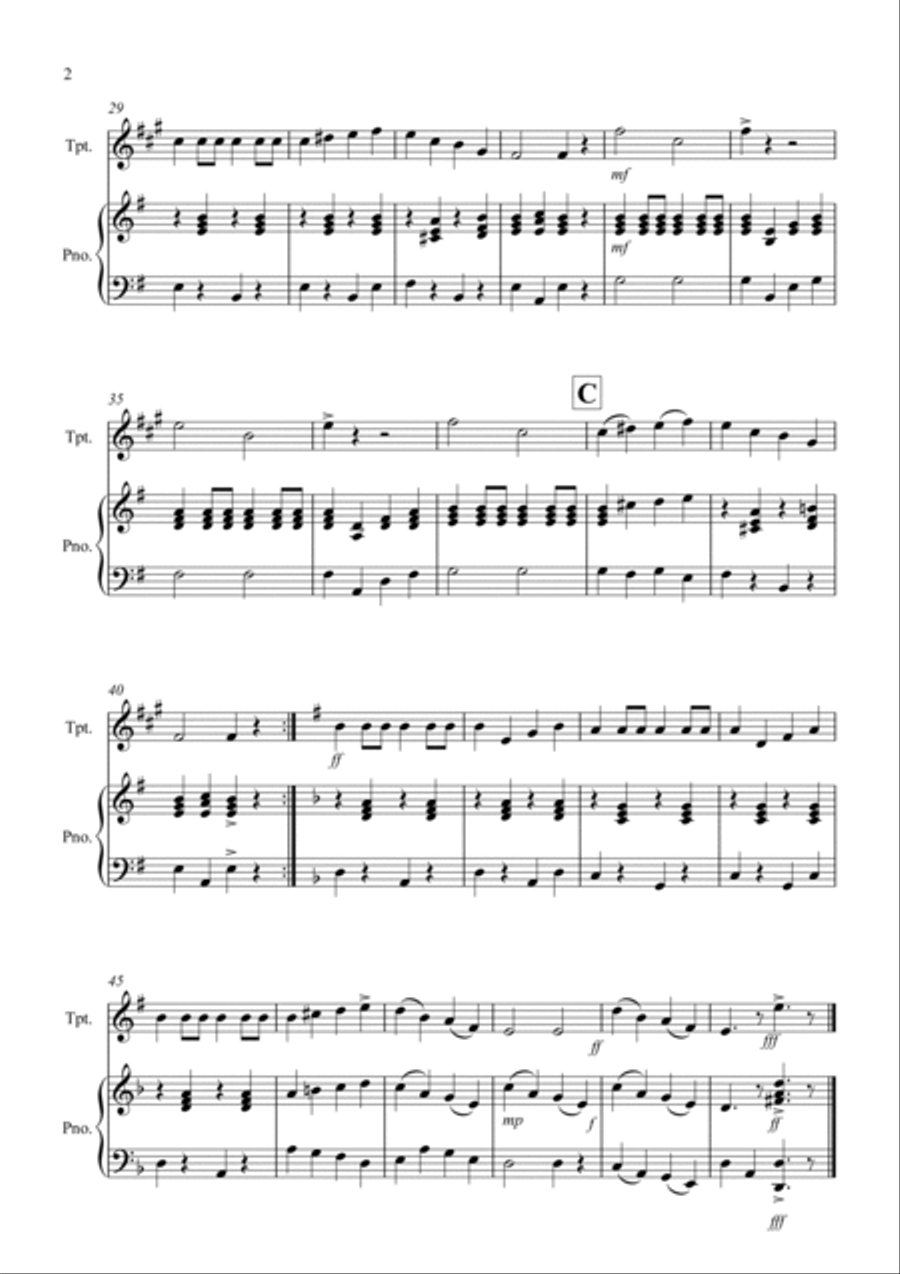 Drunken Sailor for Trumpet in Bb and Piano Trumpet Duet scores gallery preview page 2