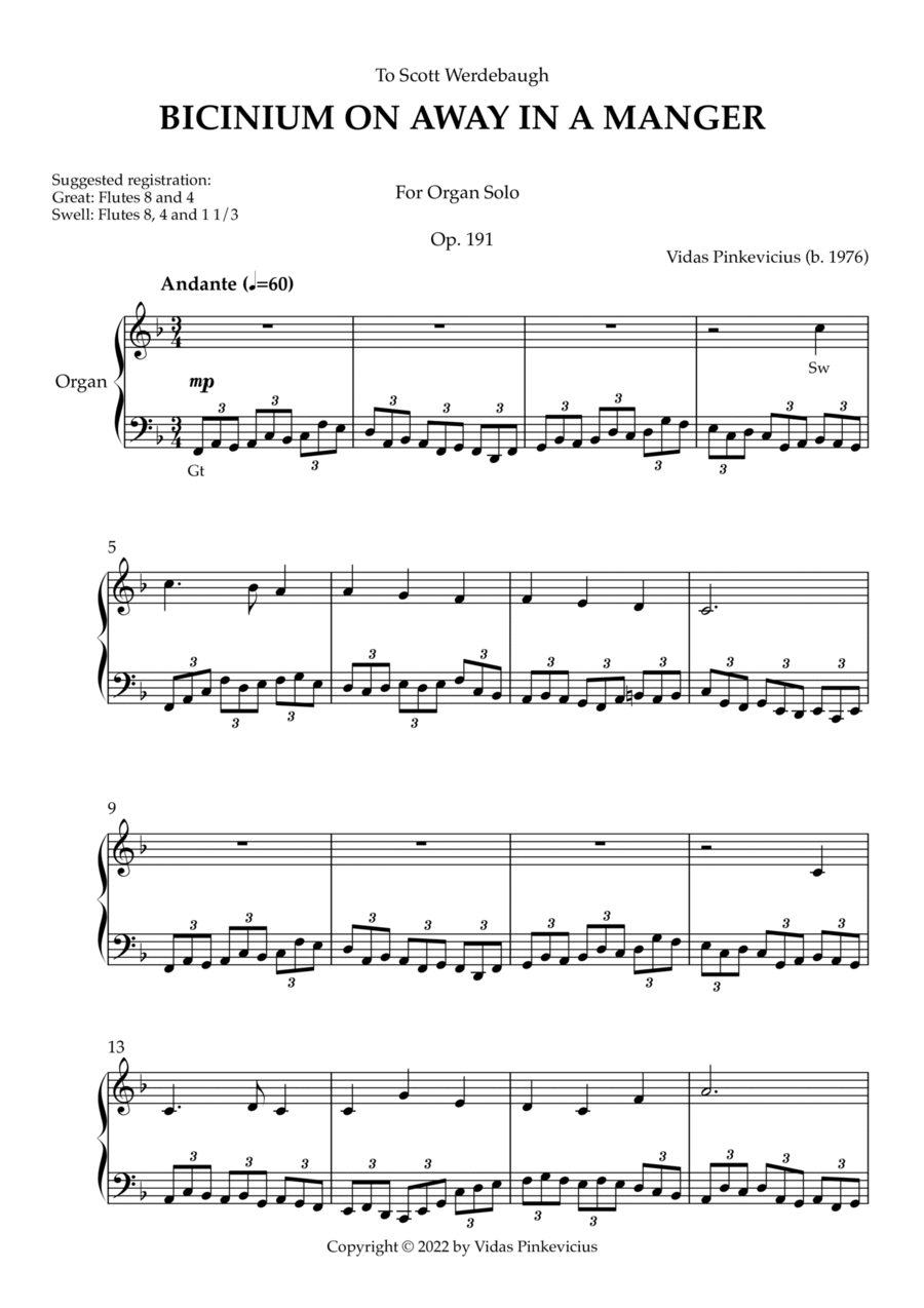 Bicinium on Away in a Manger, Op. 191 (Organ Solo) by Vidas Pinkevicius Organ Solo scores gallery preview page 1