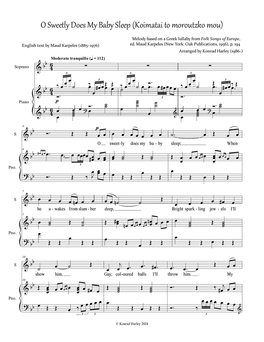 O Sweetly Does My Baby Sleep (Greek Lullaby) Voice scores gallery preview page 1