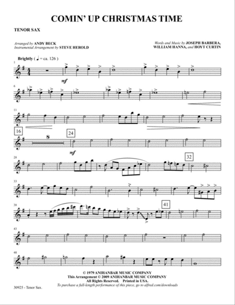 Comin' Up Christmas Time: B-flat Tenor Saxophone Tenor Saxophone scores gallery preview page 1