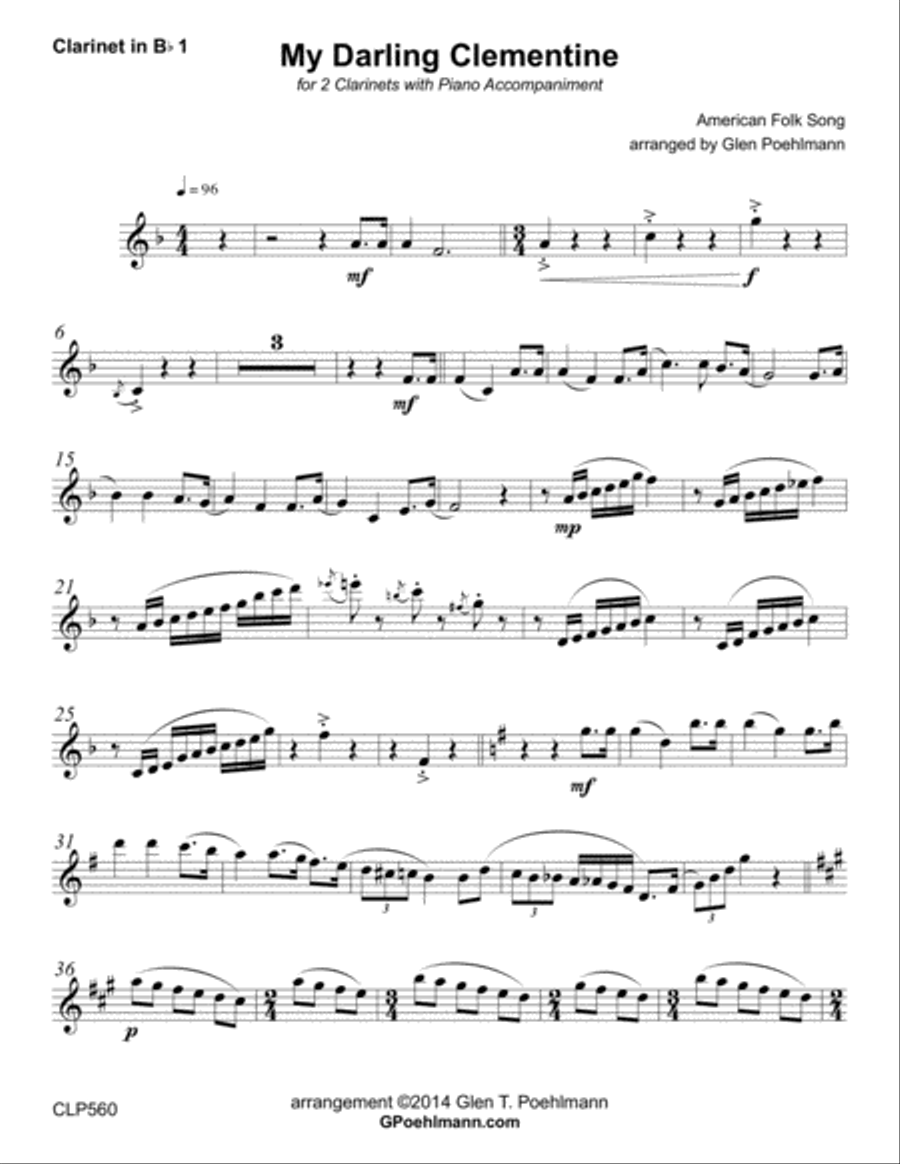 MY DARLING CLEMENTINE - CLARINET DUET with Piano Accompaniment (Grade 4-) Clarinet Duet scores gallery preview page 5
