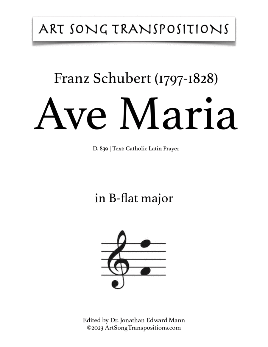 SCHUBERT: Ave Maria, D. 839 (transposed to B-flat major, A major, and A-flat major) Voice scores gallery preview page 1