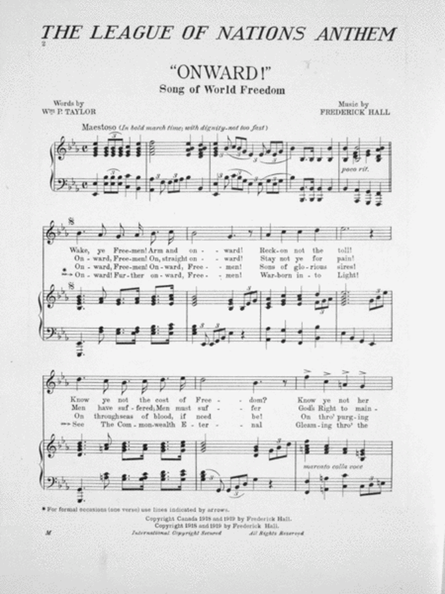 The League of Nations Anthem. "Onward!" Song of World Freedom