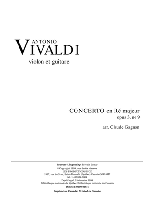 Book cover for Concerto en Ré majeur, opus 3, no 9