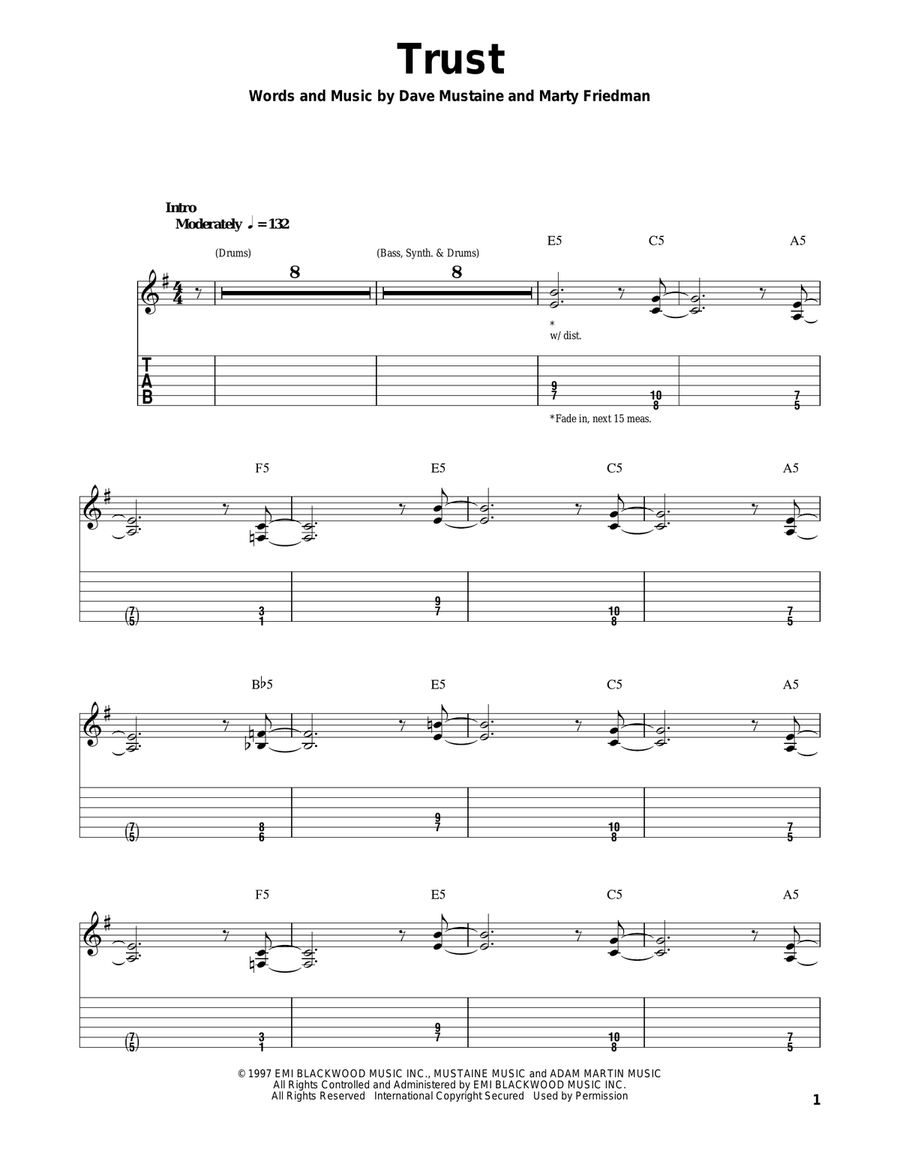 Trust by Megadeth - Acoustic Guitar - Digital Sheet Music