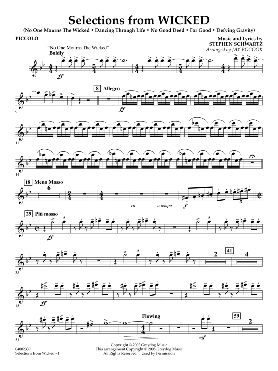 Selections from Wicked (arr. Jay Bocook) - Piccolo Concert Band scores gallery preview page 1