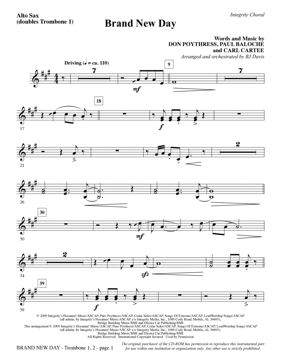 Brand New Day - Alto Sax (Trombone 1 Sub) Choir scores gallery preview page 1