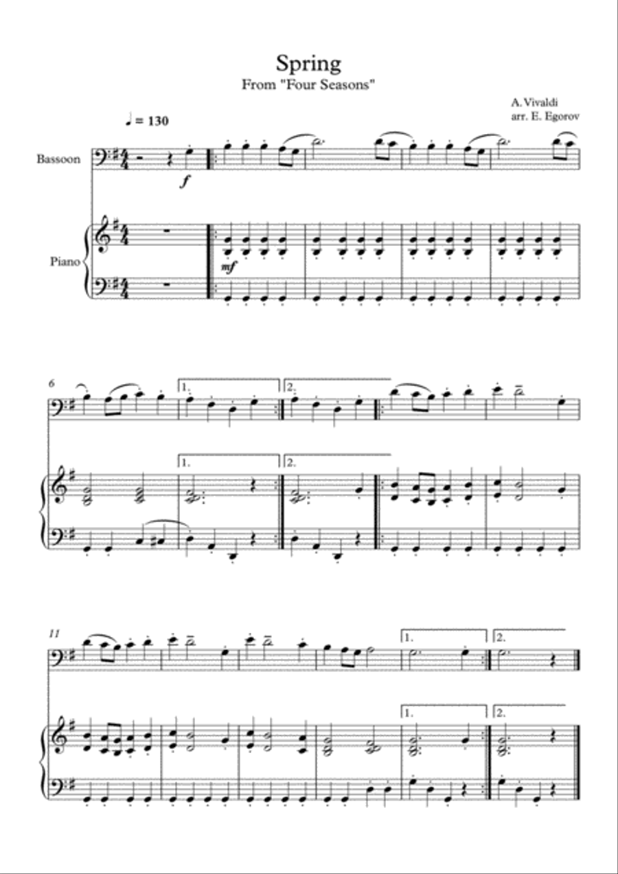Spring (Four Seasons), Antonio Vivaldi, For Bassoon & Piano Bassoon Solo scores gallery preview page 1