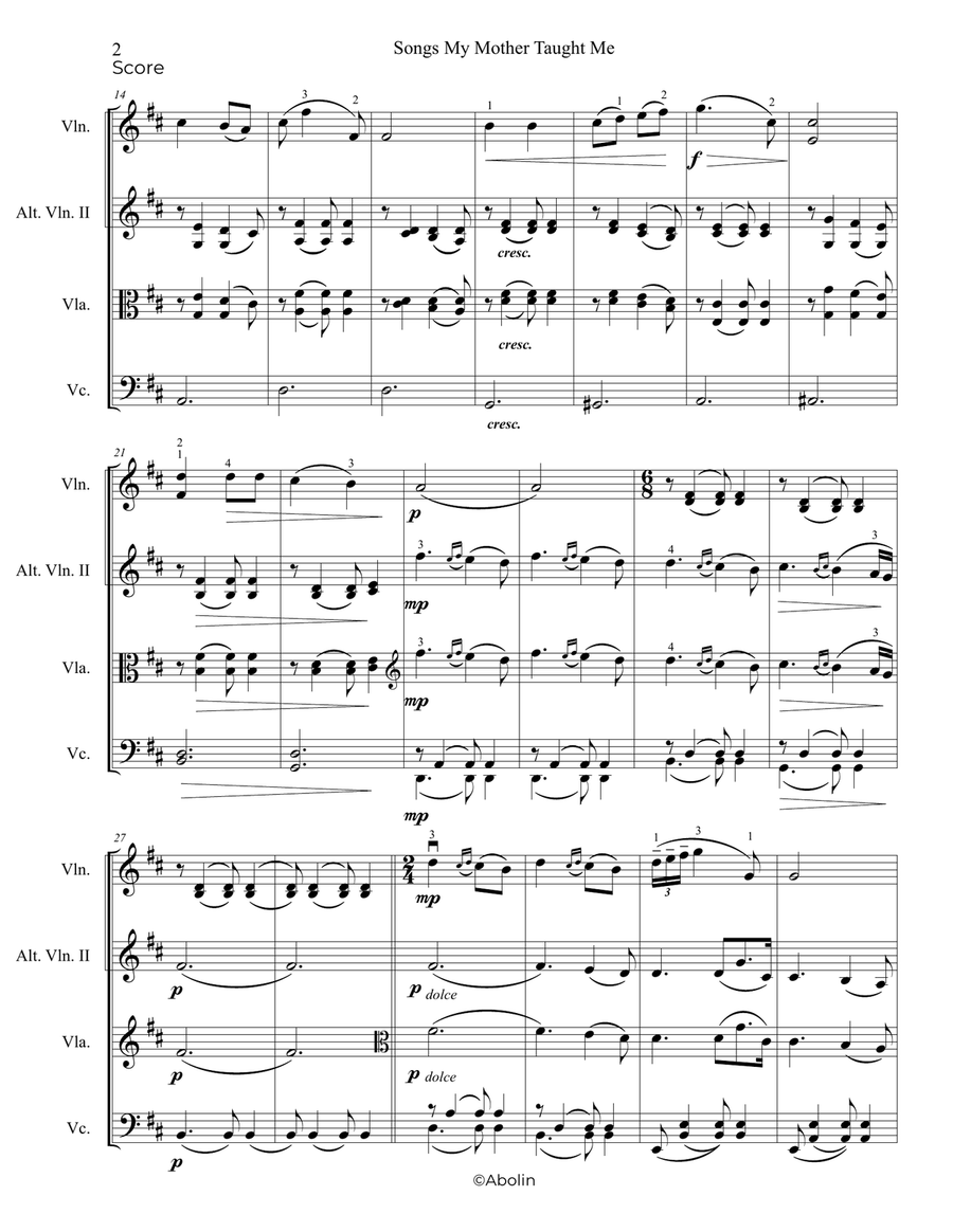 Dvorak: Songs My Mother Taught Me, Op.55 - String Trio, or 2 Violins and Cello String Trio scores gallery preview page 3