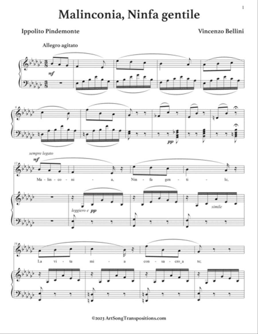 BELLINI: Malinconia, Ninfa gentile (transposed to E-flat minor) Voice scores gallery preview page 2