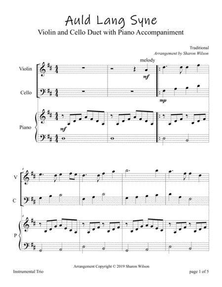 Auld Lang Syne (Easy Violin and Cello Duet with Piano Accompaniment) image number null