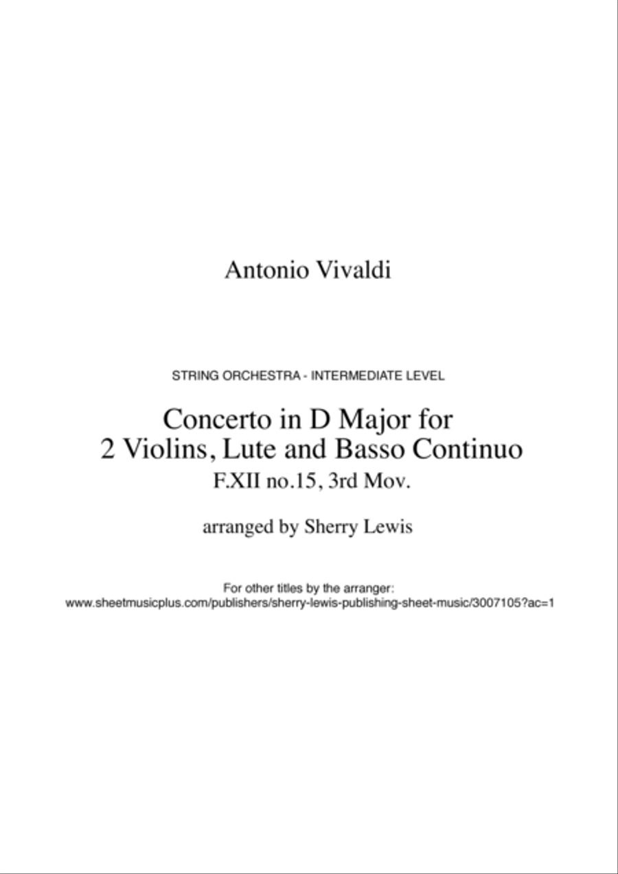 CONCERTO IN D MAJOR FOR 2 VIOLINS, LUTE AND BASSO CONTINUO, F.XII NO.15, 3rd Mov., String Quintet String Quintet scores gallery preview page 2