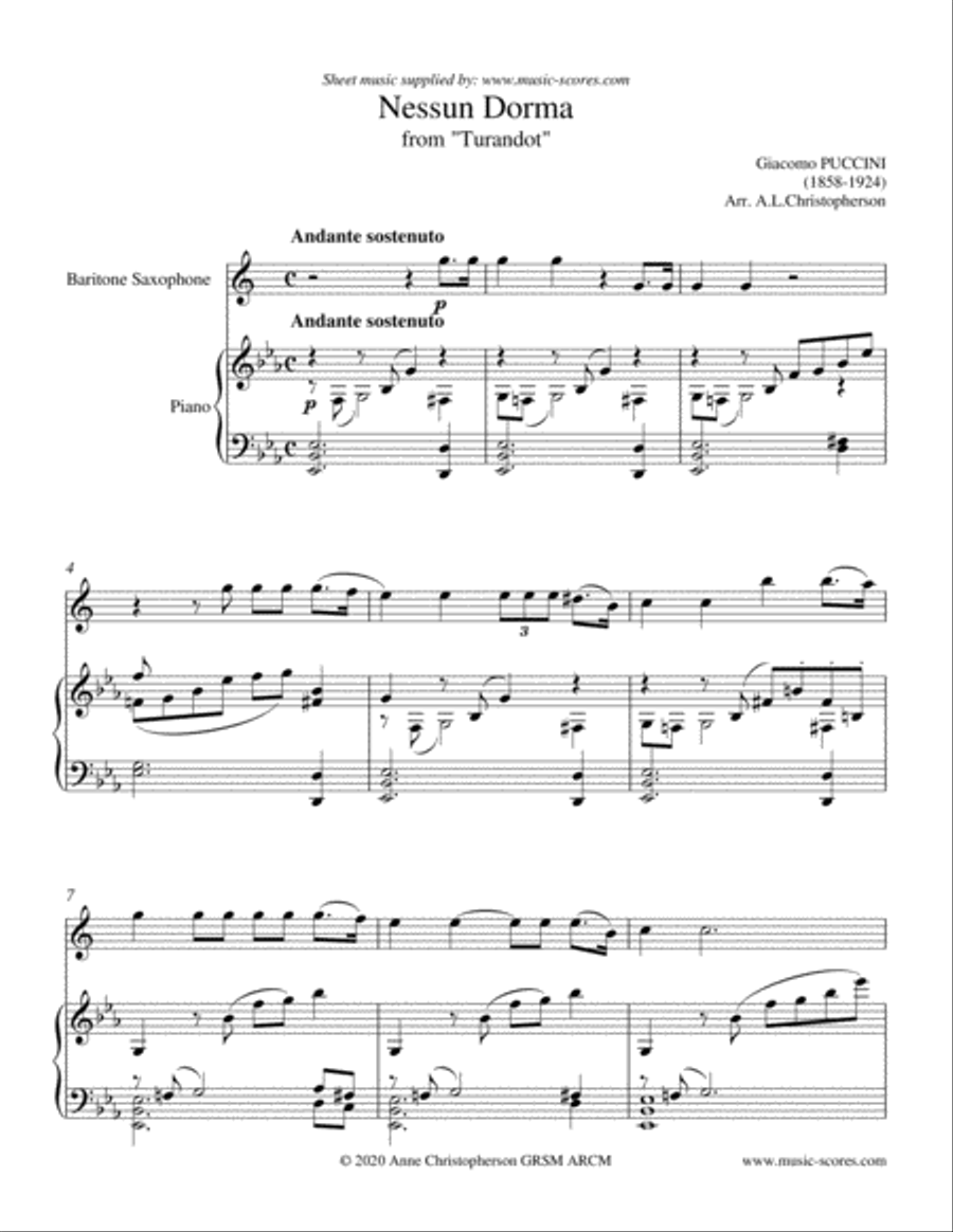 Nessun Dorma - Baritone Saxophone and Piano Baritone Saxophone scores gallery preview page 1