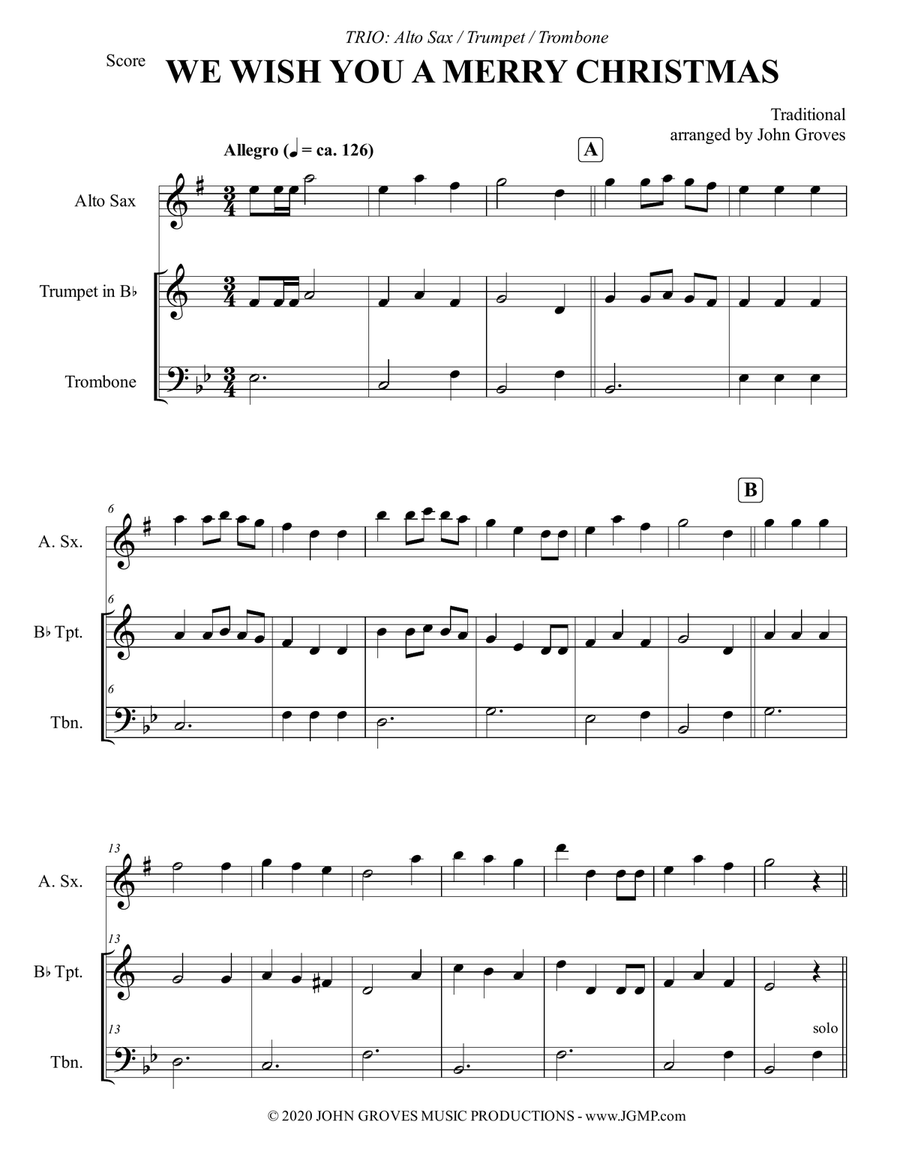 We Wish You A Merry Christmas - Alto Sax, Trumpet, Trombone (Trio) Small Ensemble scores gallery preview page 2