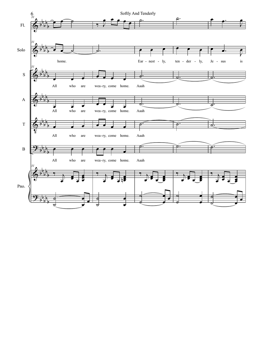 Softly And Tenderly (Solo with SATB) 4-Part scores gallery preview page 6