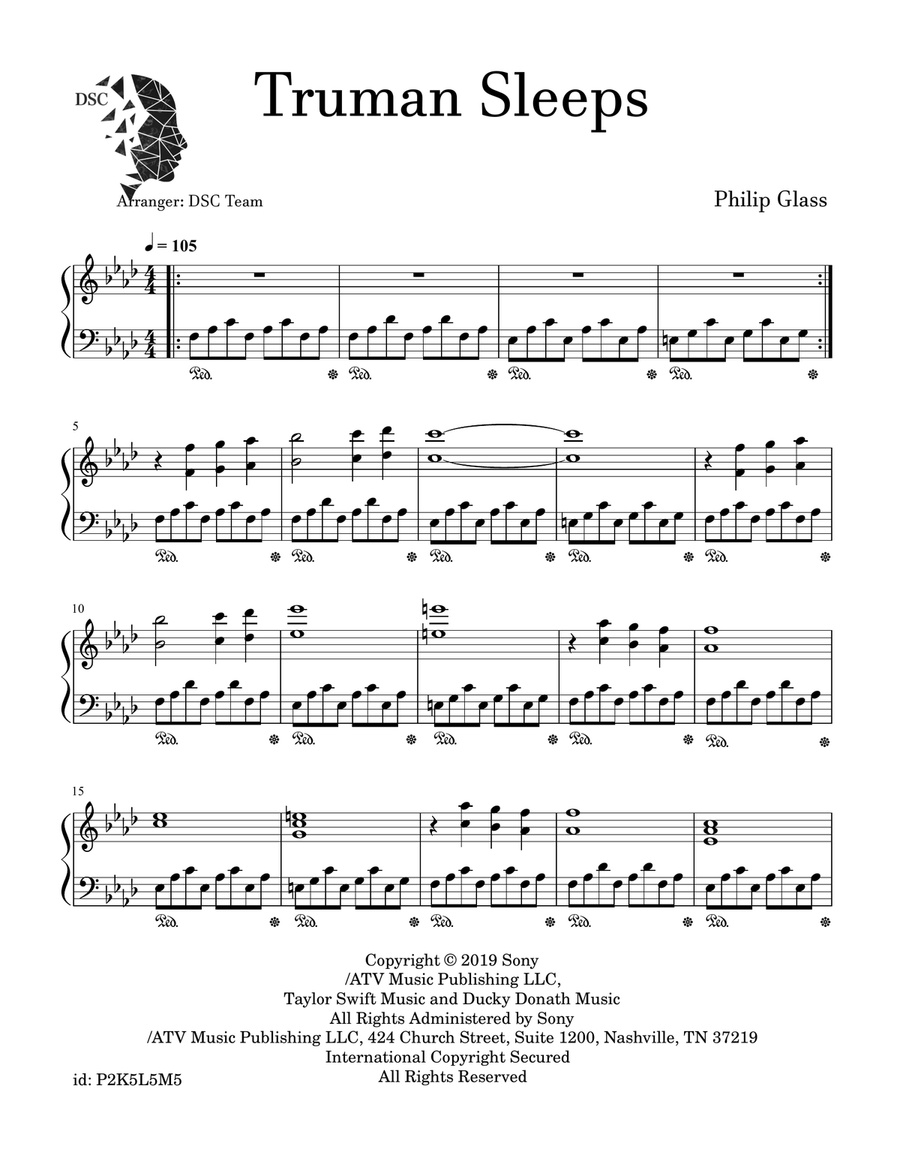 Truman Sleeps by Philip Glass Piano Solo Digital Sheet Music