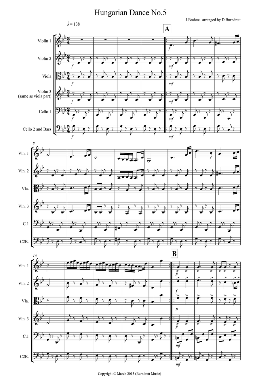 Hungarian Dance No.5 for String Orchestra String Quartet scores gallery preview page 1