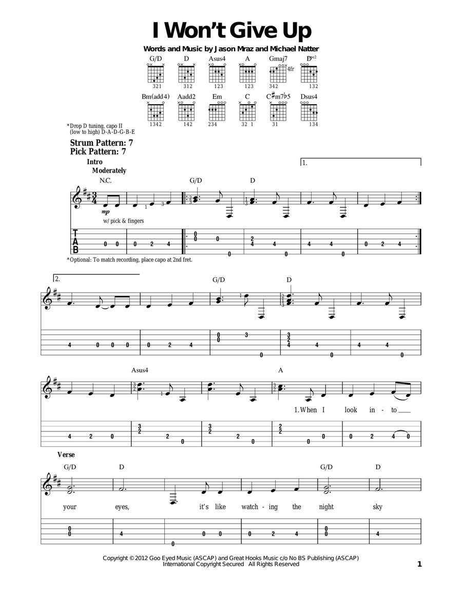 I Won't Give Up Acoustic Guitar scores gallery preview page 1