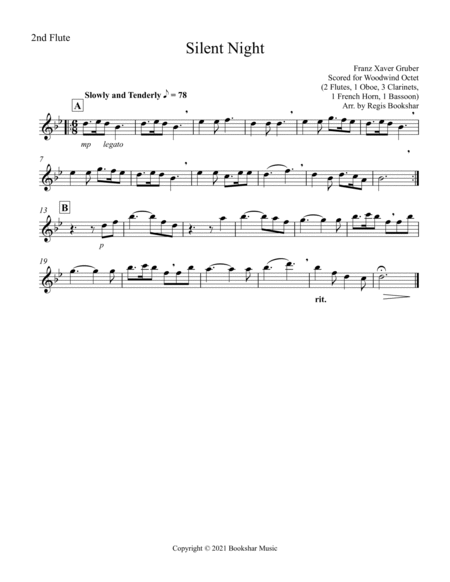Silent Night (Bb) (Woodwind Octet - 2 Flute, 1 Oboe, 3 Clar, 1 Hrn, 1 Bassoon)