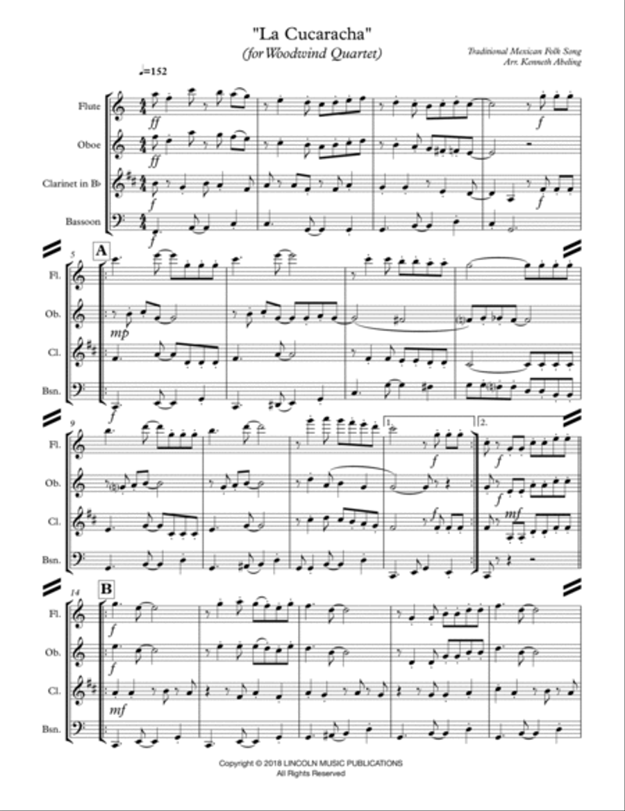 La Cucaracha (for Woodwind Quartet) Woodwind Quartet scores gallery preview page 2