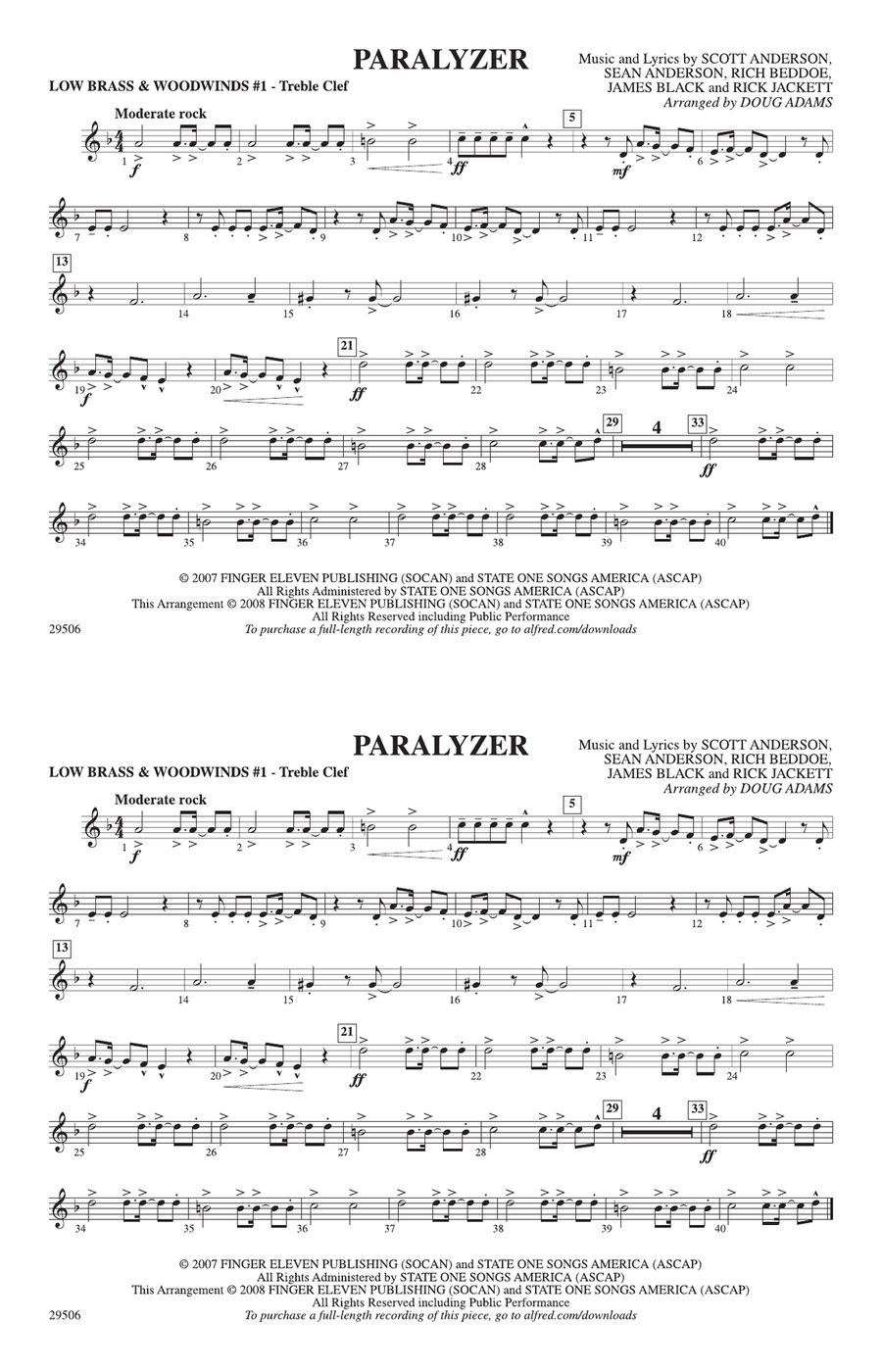 Paralyzer: Low Brass & Woodwinds #1 - Treble Clef