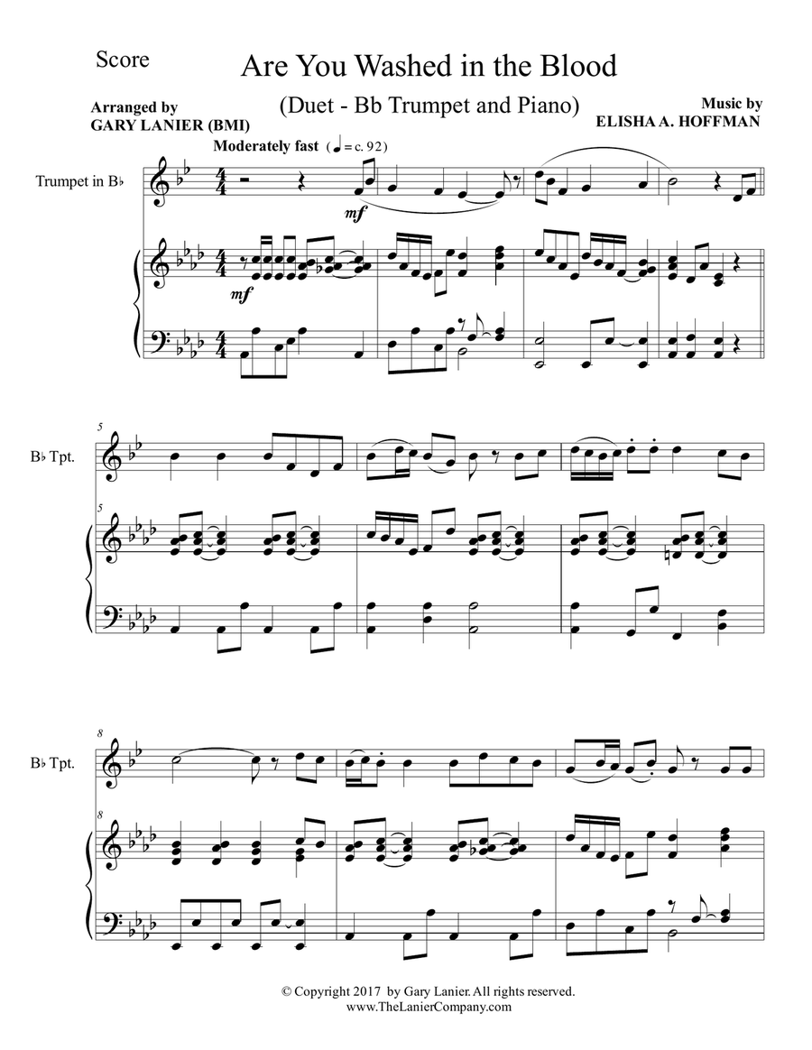 ARE YOU WASHED IN THE BLOOD (Duet - Bb Trumpet & Piano with Score/Part) Trumpet Duet scores gallery preview page 2