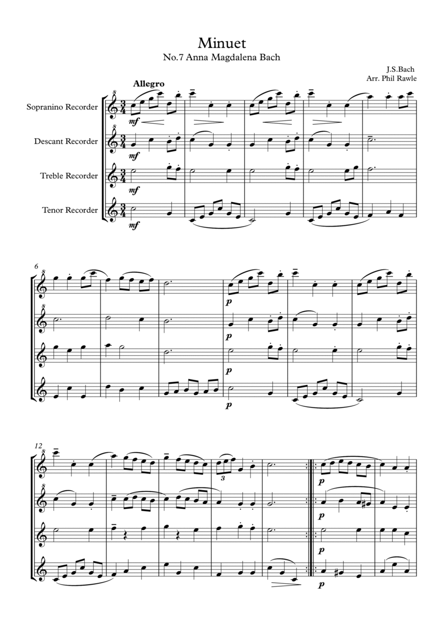 Six Classical Minuets for Recorder Quartet Recorder scores gallery preview page 1