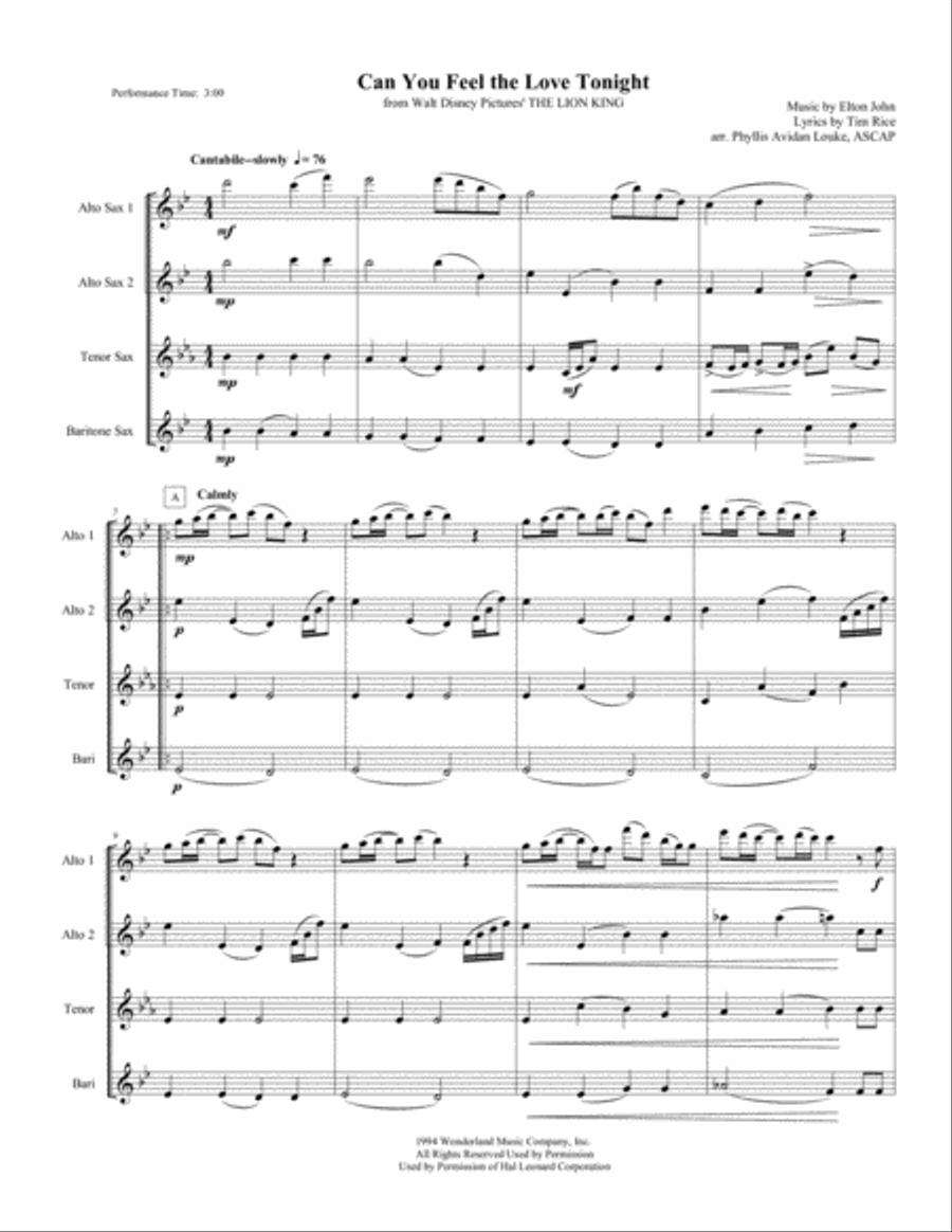 Can You Feel The Love Tonight Saxophone Quartet scores gallery preview page 5