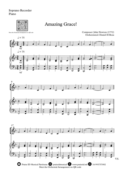 Amazing Grace How Sweet the sound - Easy Soprano Recorder and Piano image number null