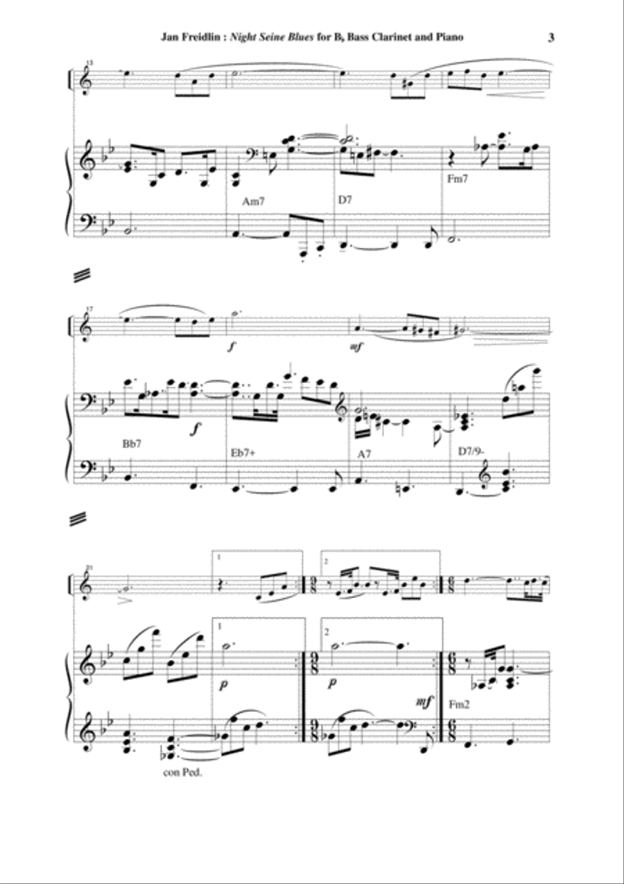 Jan Freidlin: Night Seine Blues for Bb bass clarinet and piano Bass Clarinet scores gallery preview page 3