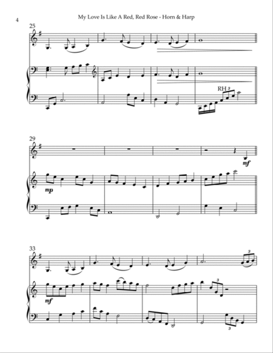 My Love Is Like A Red, Red Rose, Duet for Horn in F & Harp Harp scores gallery preview page 4