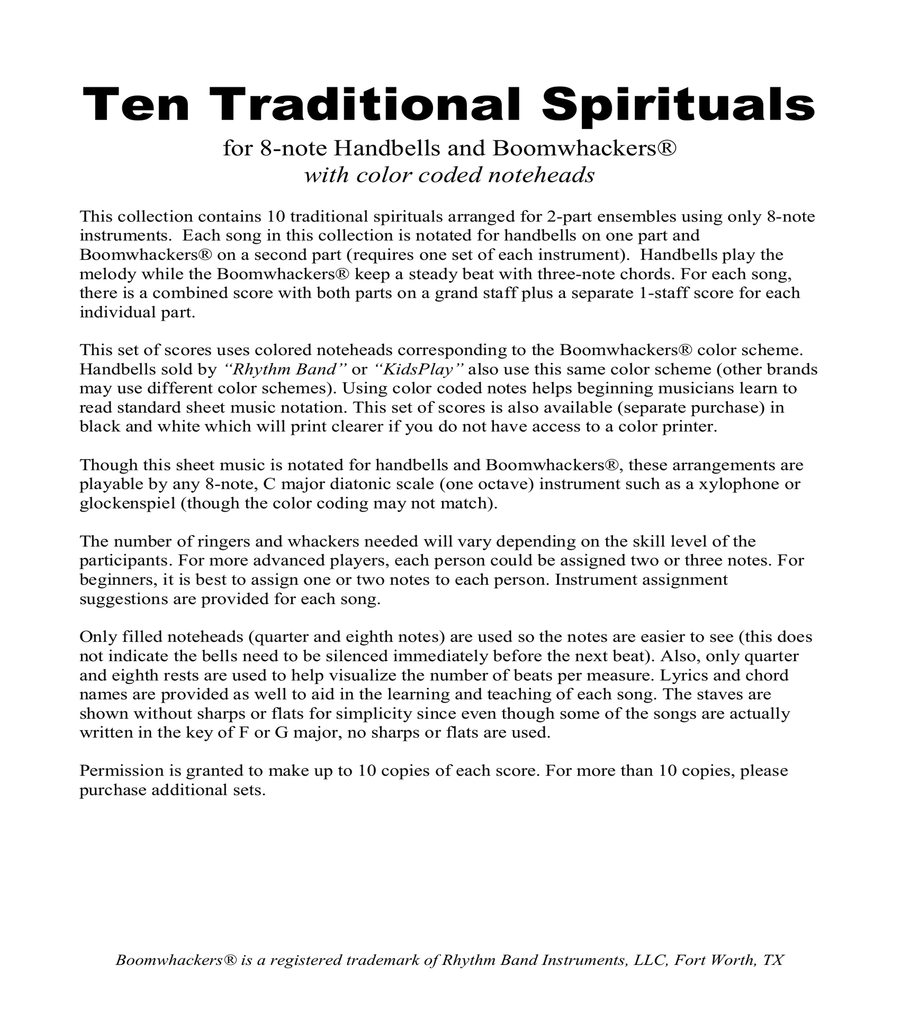 Ten Traditional Spirituals (for 8-note Bells and Boomwhackers with Color Coded Notes) image number null