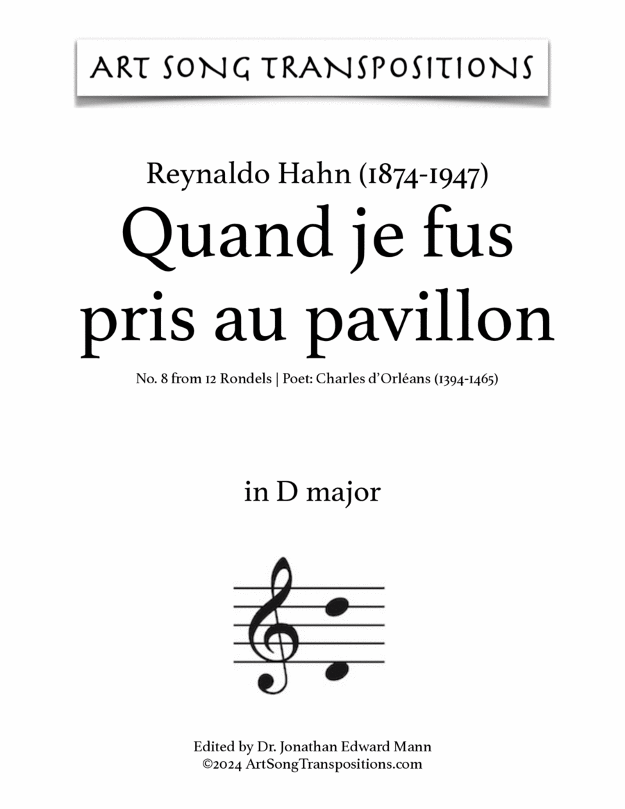 HAHN: Quand je fus pris au pavillon (transposed to D major)