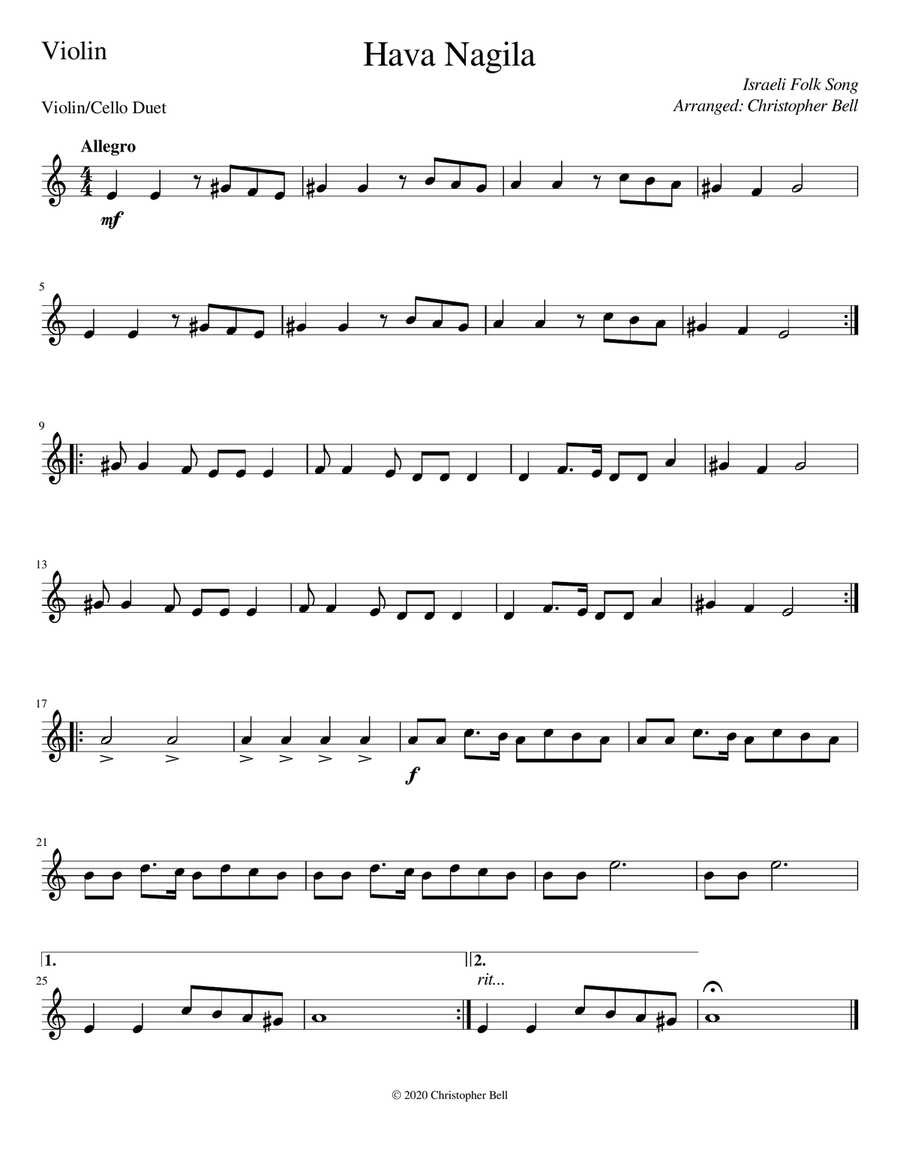 Hava Nagila - Easy Violin/Cello Duet image number null