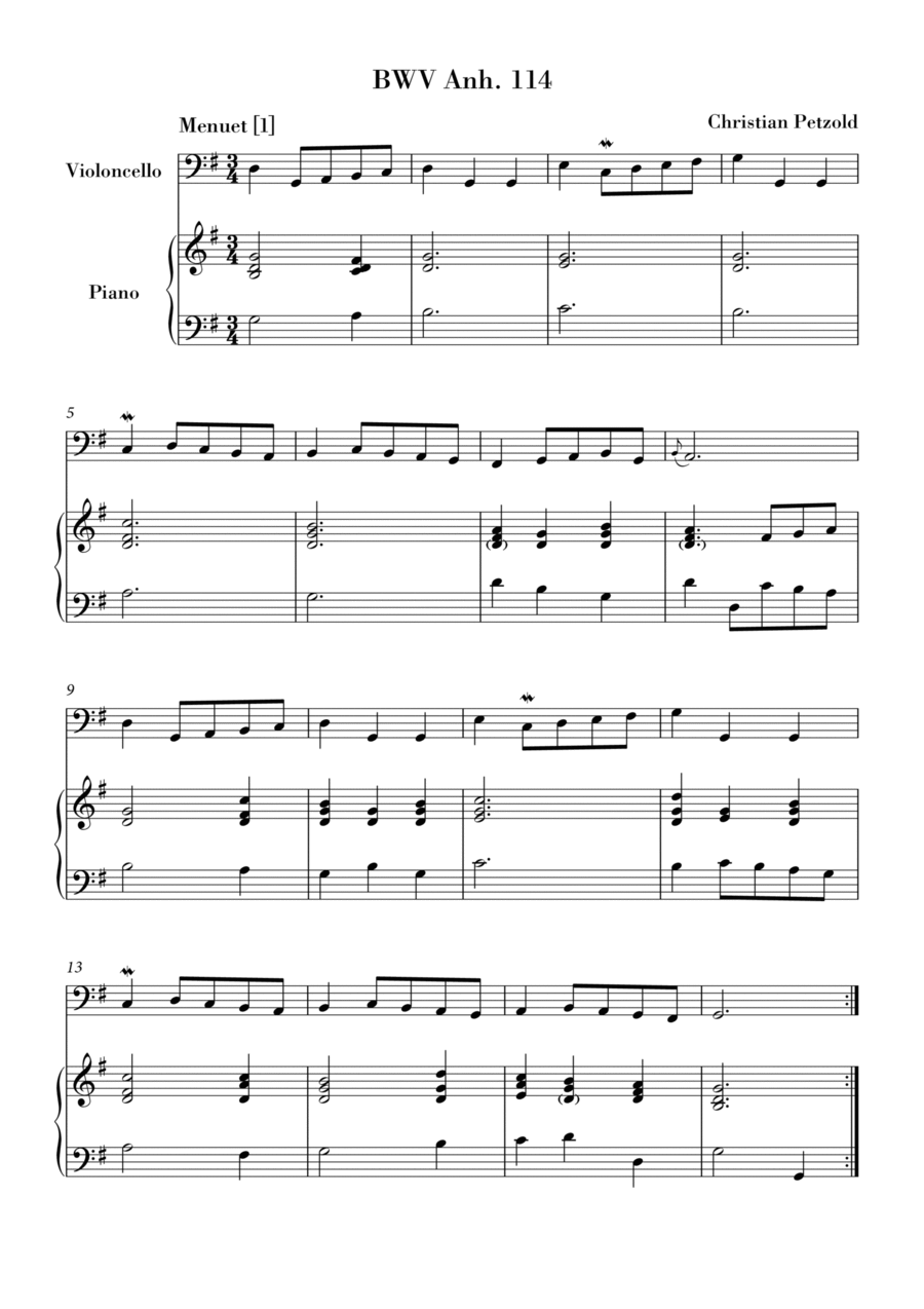 Bach - Minuet in G major and G minor (BWV Anh. 114 - 115) for Violoncello and Piano Piano scores gallery preview page 1
