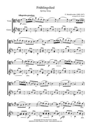 Fruhlingslied, Lieder ohne Worte Op. 62, Spring Song for viola and guitar