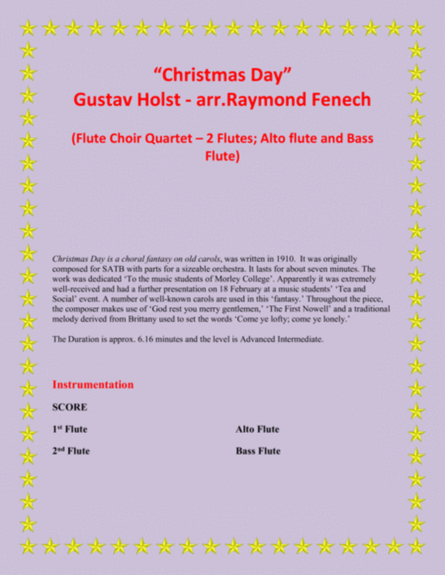 Christmas Day-Gustav Holst-FLUTE CHOIR QUARTET (2 Flutes; Alto Flute and Bass Flute) - Advance Inter image number null