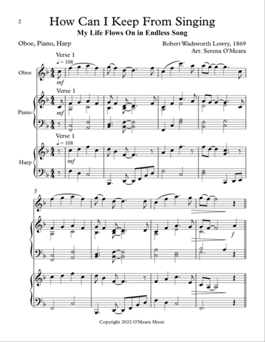 How Can I Keep From Singing, Trio for Oboe, Piano & Harp Pedal Harp scores gallery preview page 2
