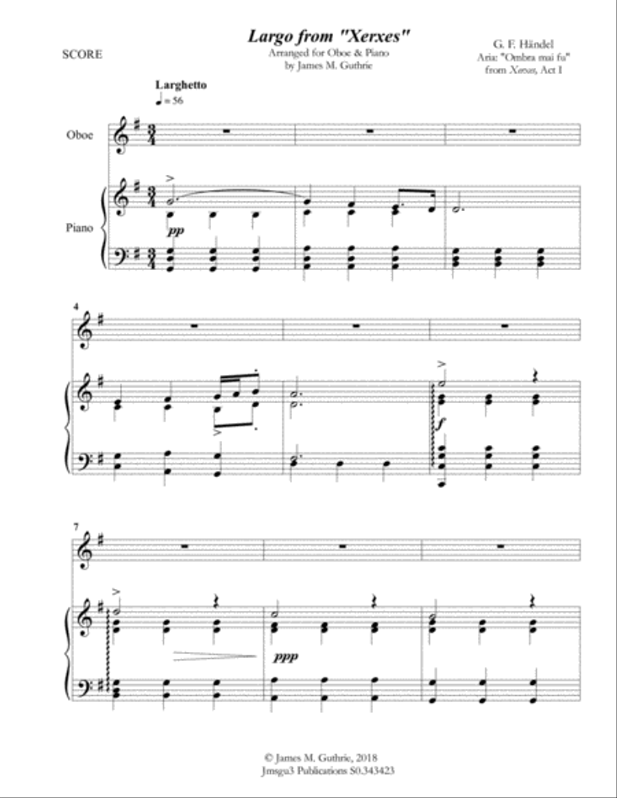 Handel: Largo from Xerxes for Oboe & Piano Piano scores gallery preview page 1