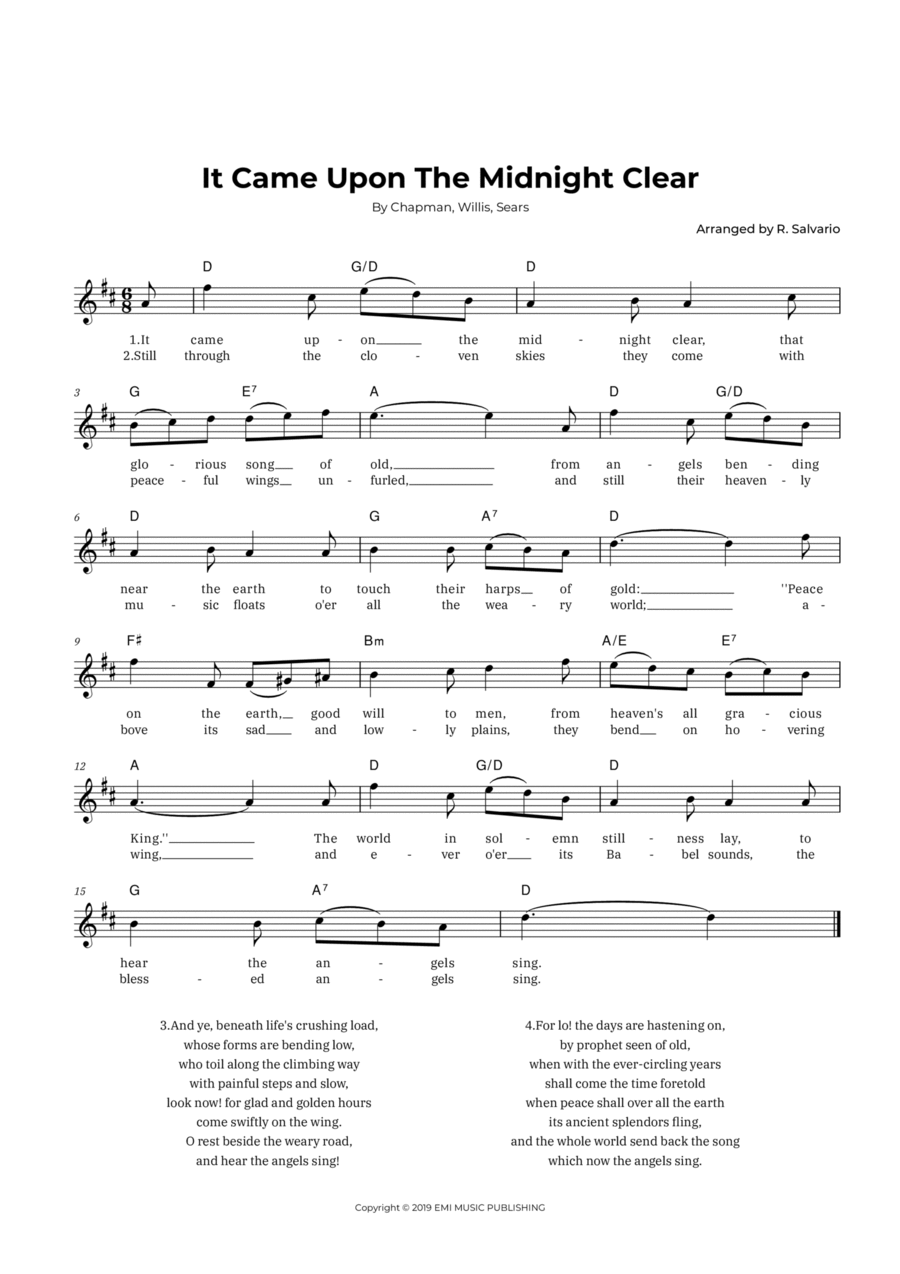 It Came Upon The Midnight Clear (Key of D Major) Easy Piano scores gallery preview page 1