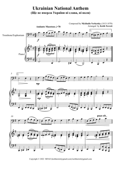 Ukrainian National Anthem for C Trombone/Euphonium (BC) & Piano MFAO World National Anthem Series image number null