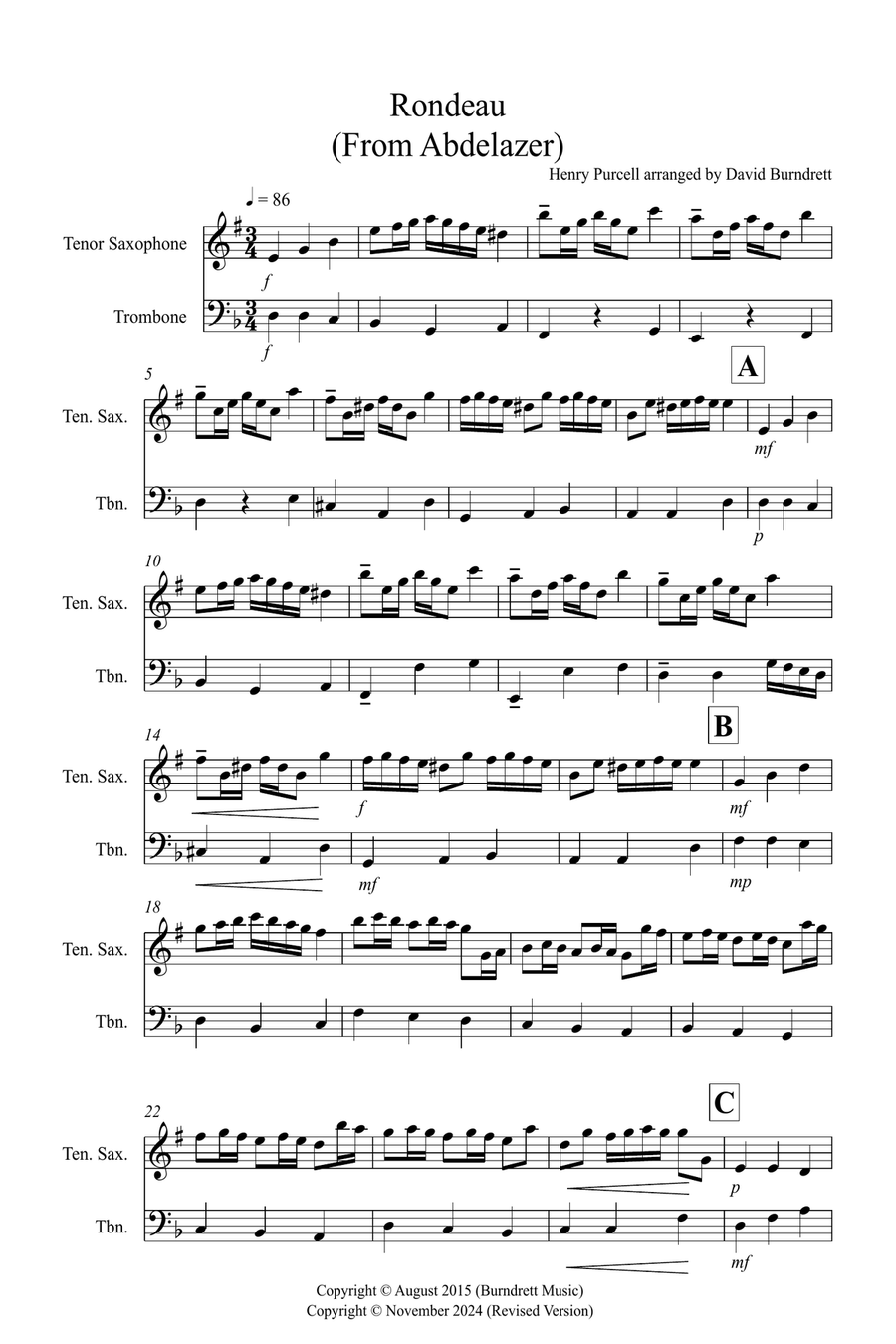 Rondeau (from Abdelazer) for Tenor Saxophone and Trombone Duet Trombone Duet scores gallery preview page 1