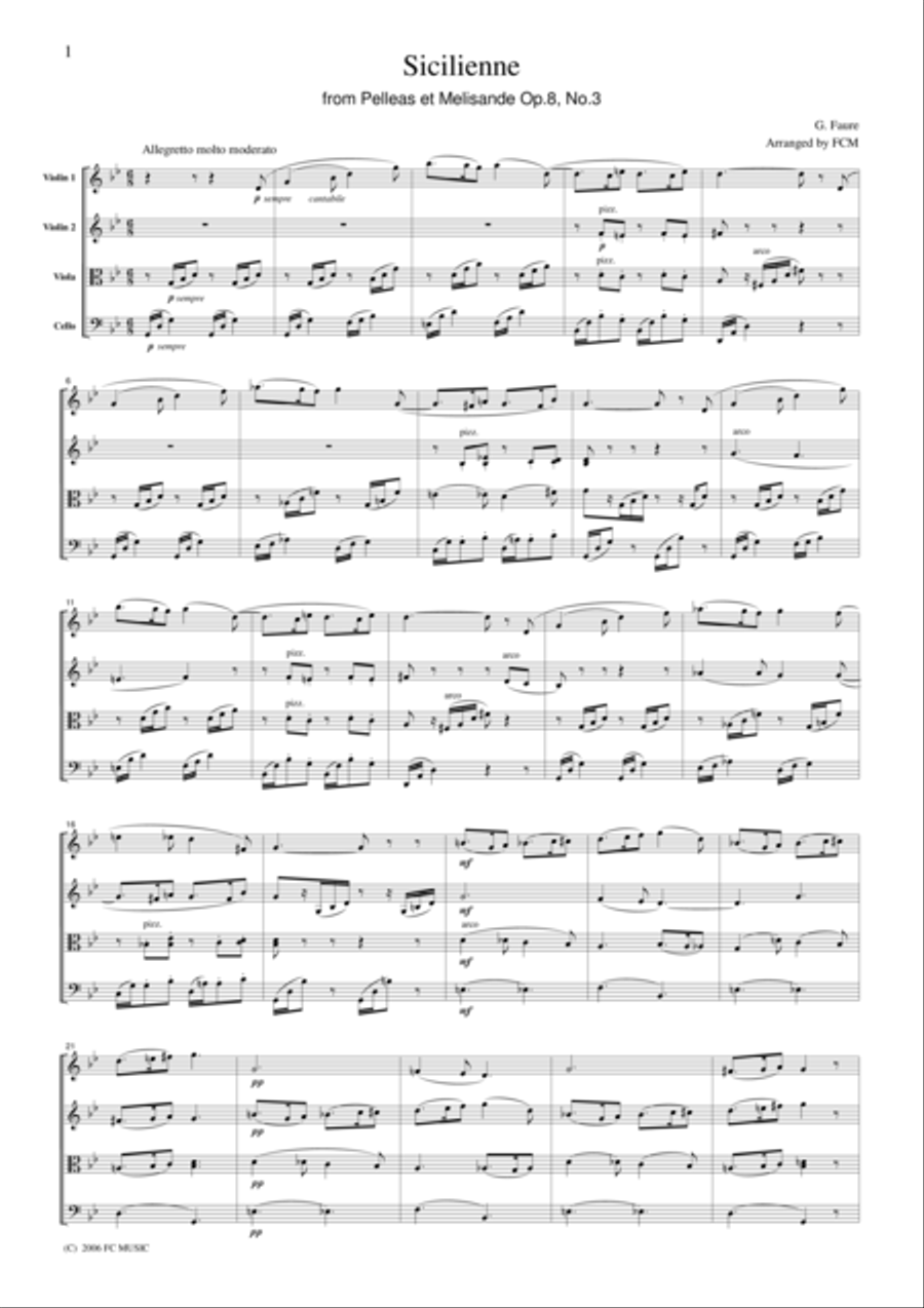 Faure Sicilienne from Pelleas et Melisande Op.8, No.3, for string quartet, CF104 String Quartet scores gallery preview page 1