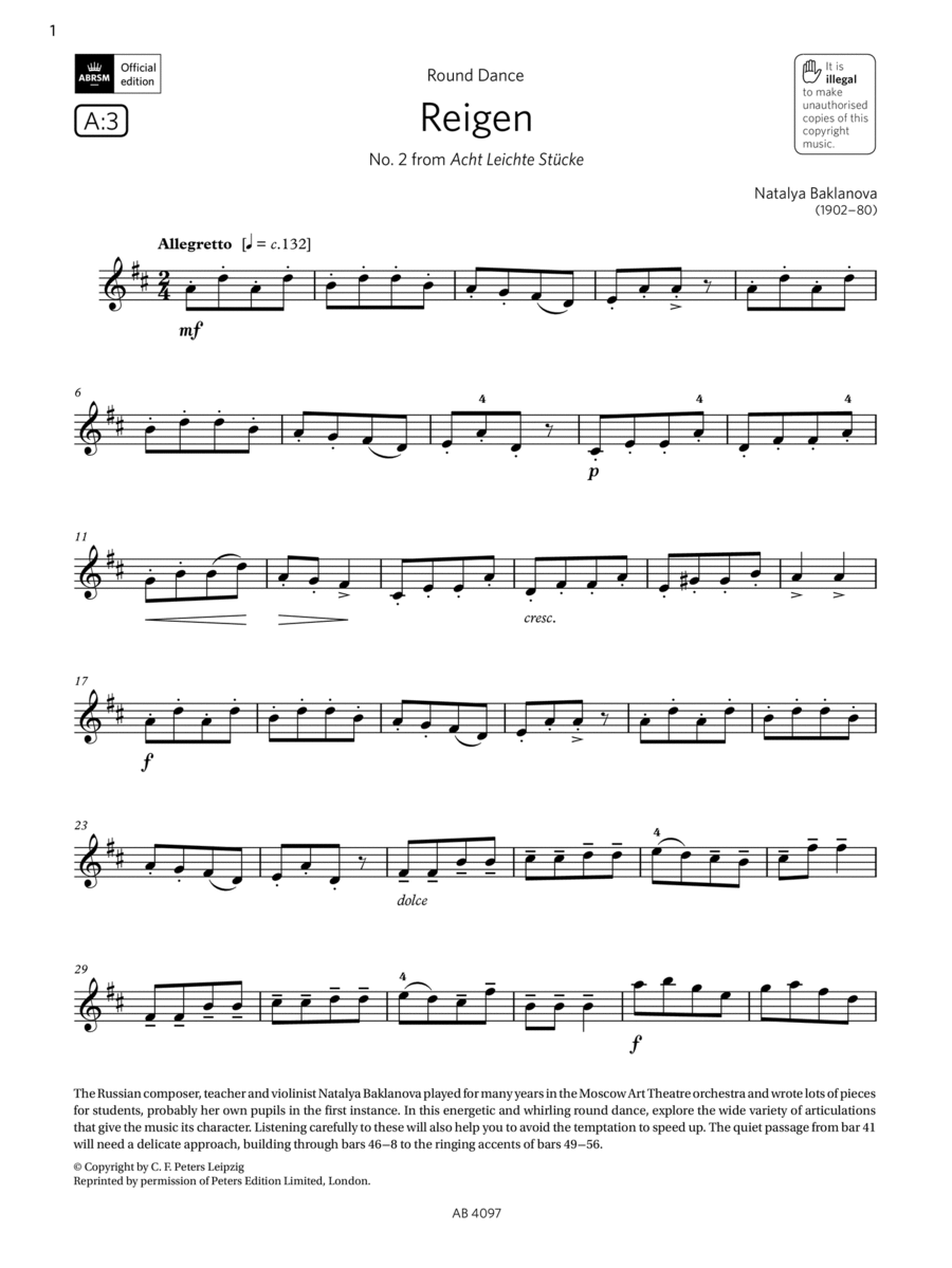 Reigen (Grade 3, A3, from the ABRSM Violin Syllabus from 2024) Violin Solo scores gallery preview page 1