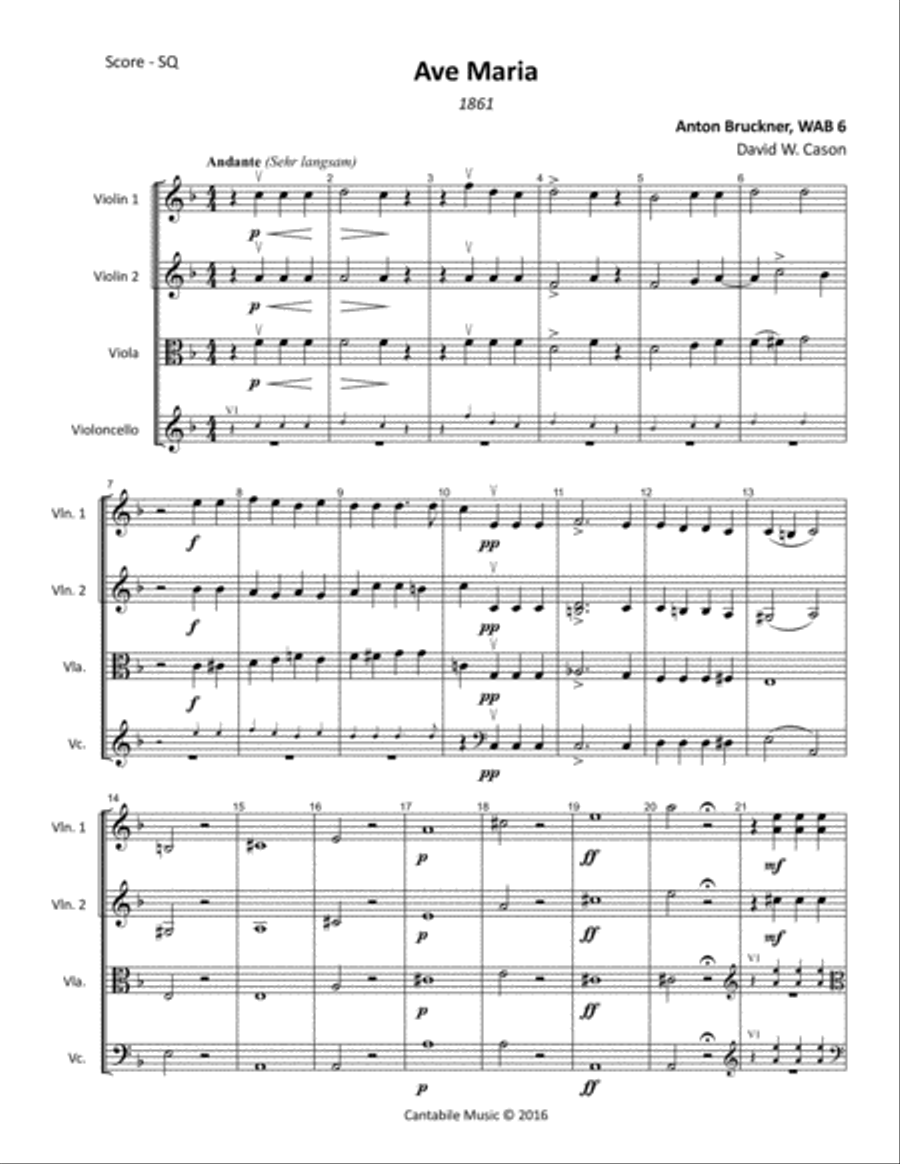 Ave Maria WAB 6 (Bruckner) STRING QUARTET String Quartet scores gallery preview page 1
