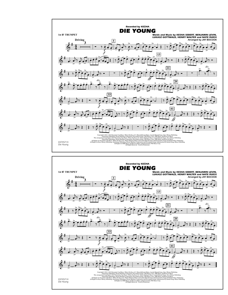 Die Young - 1st Bb Trumpet Marching Band scores gallery preview page 1