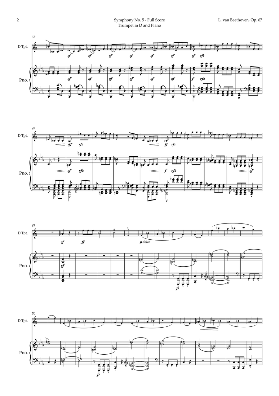 Symphony No. 5 by Beethoven for Trumpet in D and Piano Trumpet Solo scores gallery preview page 2
