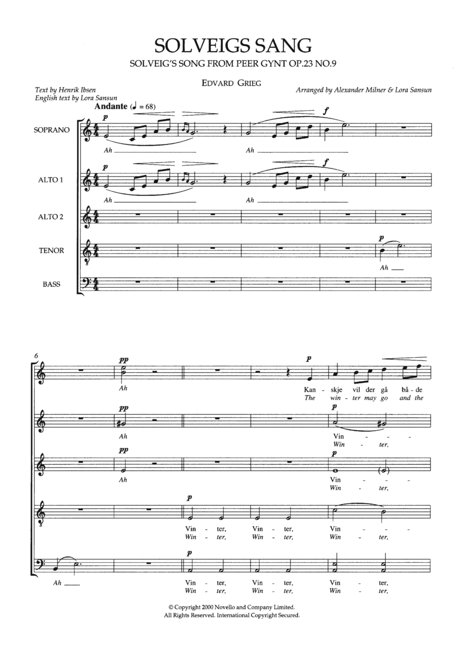 Solveig's Song (From 'Peer Gynt Suite No. 2') (arr. Alexander Milner and Lora Sansun) 4-Part scores gallery preview page 1