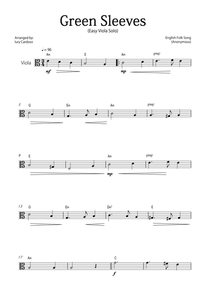 "Green Sleeves" - Beautiful easy version for VIOLA SOLO. image number null