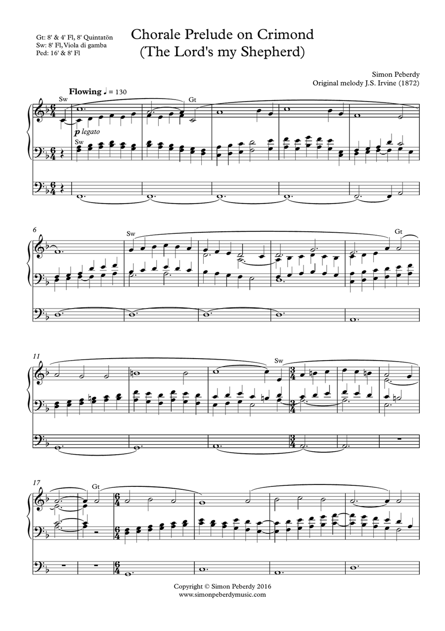 Organ Chorale Prelude on Crimond (The Lord's my Shepherd) by Simon Peberdy (original melody J.S.Irvi Organ Solo scores gallery preview page 1